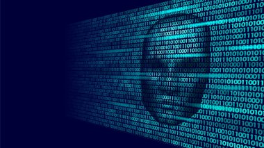 Hacker yapay zeka robot tehlike karanlık yüzü. Cyborg ikili kod baş gölge online kesmek Uyarı kişisel veri akıl zihin sanal bilgi vektör çizim
