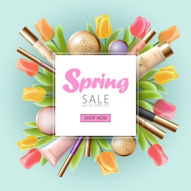 Gerçekçi 3d kozmetik bahar satış banner şablon. Kare posteri Lale çiçek mavi gökyüzü bulanıklık ışık altın paket pembe çerçeve düz koymak vektör çizim