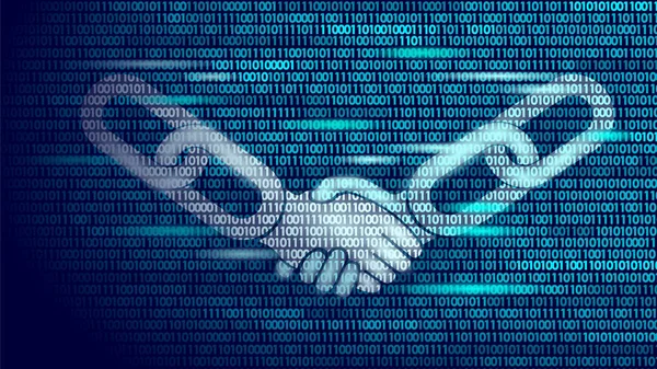 Blockchain technologii umowy handshake biznes koncepcja niskie poli. Ikona znak symbolu kodu binarnego numery projekt. Ręce łańcuch łącze internet hiperłącze połączenie niebieski wektor ilustracja — Wektor stockowy