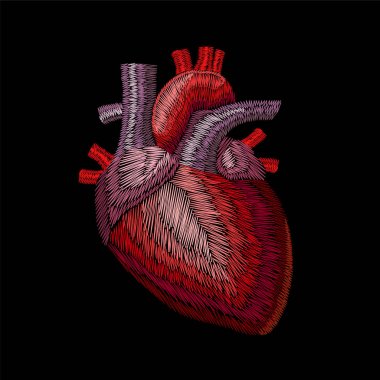Nakış crewel İnsan Anatomik kalbi tıp organ. Kırmızı işlemeli tasarım doku detaylı yama dikiş. Moda dekorasyon şablon vektör çizim