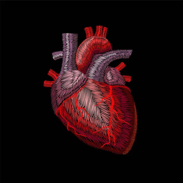 Bordado crewel humano anatômico coração medicina órgão. Stitch vermelho bordado design textura patch detalhado. Moda decoração modelo vetor ilustração —  Vetores de Stock