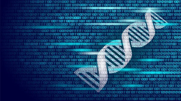 脱氧核糖核酸二进制代码未来计算机技术概念。基因组科学结构改良转基因基因工程分子符号医学编码基因横幅模板矢量插图 — 图库矢量图片