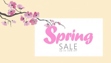 Vektör suluboya sakura çiçeği bahar satış banner şablon. Pembe çiçek şube posteri web dükkan online Mevsimlik arka plan Japon stil tasarlamak