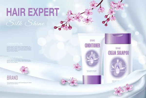 Realistische 3D-gedetailleerde haar zorg cosmetische pakket zijde textiel. Product pakket mockup glanzende stof promotionele advertentie poster template. Parel licht roze sakura cherry voorjaar bloem vectorillustratie — Stockvector