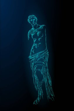 Afrodit Milos Venüs de Milo kadim Yunan heykel düşük Poli modern sanat. Poligonal üçgen işaret çizgi koyu mavi arka plan Müzesi poster şablonu vektör çizim