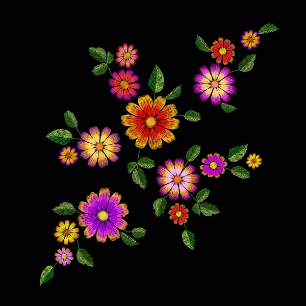 Světlé květinové výšivky barevné patch. Módní dekorace šité textury šablona. Etnické tradiční daisy pole rostlina listy textilního tisku design vektorové ilustrace — Stockový vektor