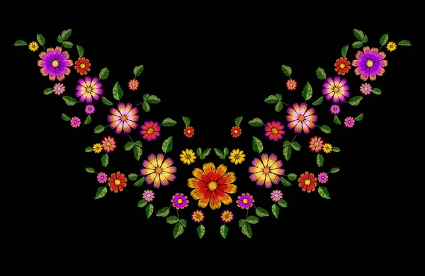 Světlé květinové výšivky barevné patch. Módní dekorace šité textury šablona. Etnické tradiční daisy pole rostlina listy textilního tisku design vektorové ilustrace — Stockový vektor