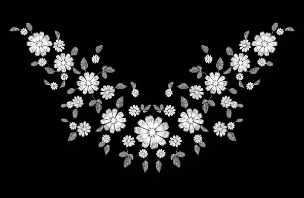 Ornement de décolleté de broderie fleur de dentelle blanche. Modèle de texture cousue de décoration de mode. Ethnique traditionnelle marguerite champ plante laisse textile impression conception vectorielle illustration — Image vectorielle