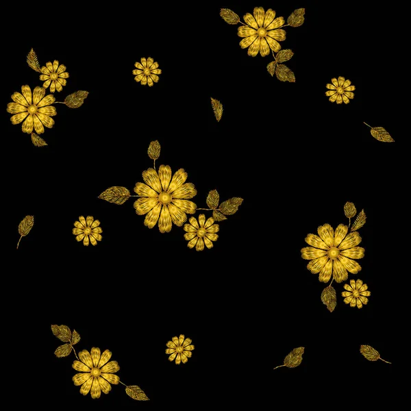 Zlatý květ vyšívací vzor bezešvé. Módní dekorace šité textury šablona. Etnické tradiční daisy pole rostlina listy textilního tisku design vektorové ilustrace — Stockový vektor