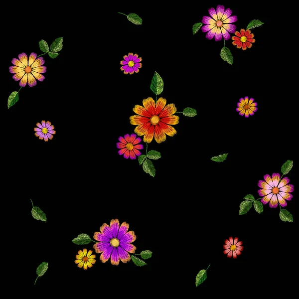 Světlá květina Výšivka barevný vzor bezešvé. Módní dekorace šité textury šablona. Etnické tradiční daisy pole rostlina listy textilního tisku design vektorové ilustrace — Stockový vektor