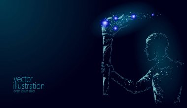 Işık tutan kimse tutun yangın meşale çalıştırmak atlet düşük Poli. Poligonal modern 3d render koyu mavi yıldız uluslararası sporcu adam runner vektör çizim afiş arka plan şablonu