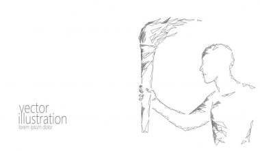 Işık tutan kimse tutun yangın meşale çalıştırmak atlet düşük Poli. Poligonal modern 3d render beyaz gri nötr tek renkli yıldız sporcu adam runner vektör çizim afiş arka plan şablonu