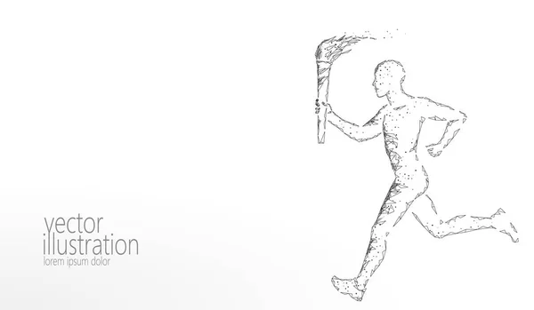 Торчносец держит огонь факел спортсмен работает на низком поли. Многоугольная современная 3D рендеринг белый серый нейтральный монохромный звезда спортсмен человек бегун вектор иллюстрации баннер фон шаблон — стоковый вектор