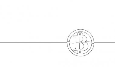 Tek sürekli çizgi sanat bitcoin cryptocurrency siluet. Blockchain modern Finans teknoloji konsept tasarım bir kroki anahat vektör çizim çizim bankacılık uluslararası