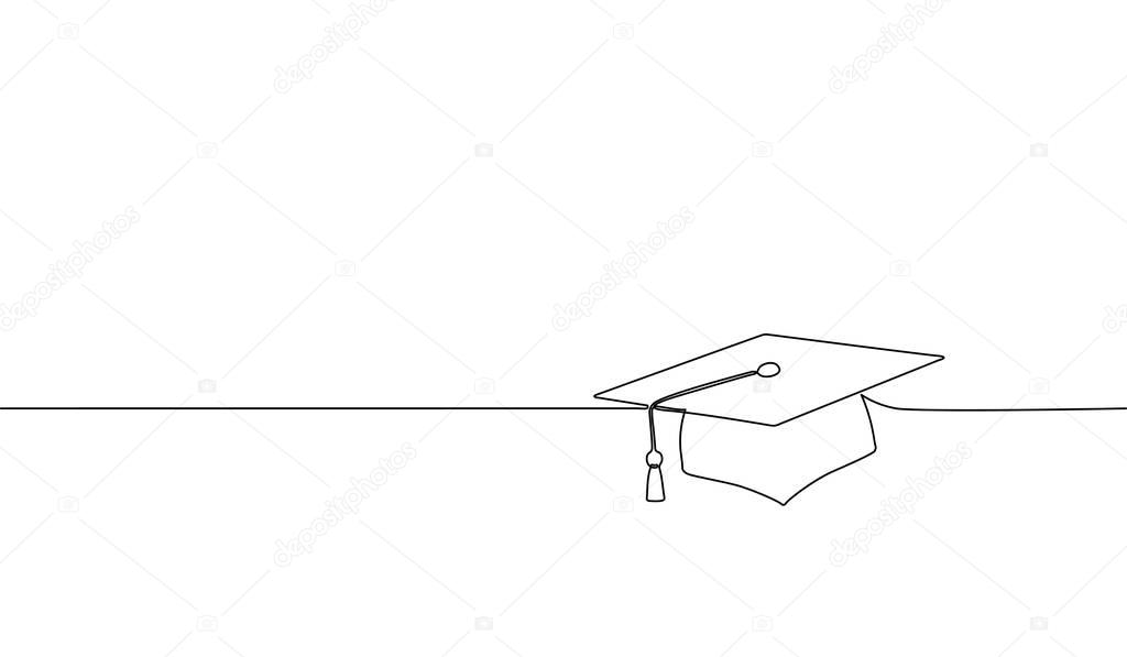 Single continuous line art graduation cap. Celebration ceremony master degree academy graduate design one sketch outline drawing vector illustration art