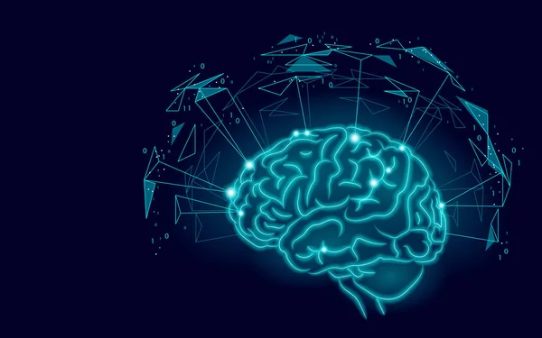 Actieve menselijk brein kunstmatige intelligentie volgende niveau man menthal capaciteiten. Low-Poly technologieontwerp vergrote werkelijkheid geometrische vormen blauwe gloeien. Symbool van wijsheid vectorillustratie — Stockvector