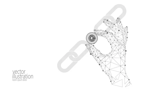 Criptomoneda global GCC blockchain moneda enlace mano poli baja. Poligonal geométrico 3d renderizar punto en vivo digital banca electrónica futuro innovación negocio tecnología vector ilustración — Archivo Imágenes Vectoriales