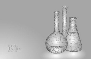 Düşük Poli bilim kimyasal cam şişeler. Büyülü ekipman poligonal üçgen gri beyaz tek renkli soyut araştırma geleceğin teknolojisi iş tıp kavramı vektör çizim