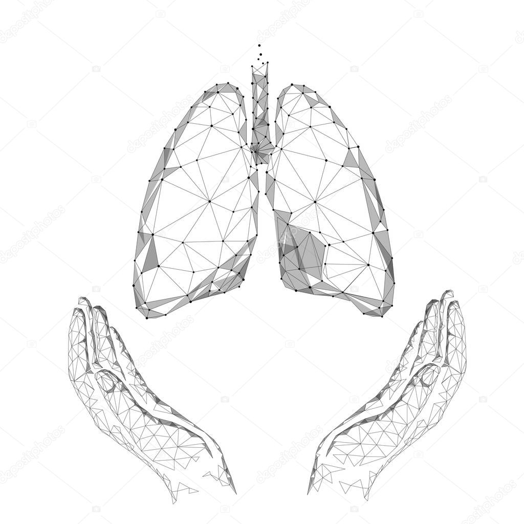 World Tuberculosis Day poster human lungs in hands white background. TB awareness health care medicine center. Medical solidarity day concept low poly polygonal triangle line. Vector illustration.