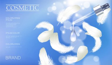 Gerçekçi 3d kozmetik reklam şablonunun. Hafif mavi şeffaf cam özü pipet yağ vitamin kabarcık serum yüz bakım beyaz yumuşak tüyler. Posteri şablon damlacık vektör çizim
