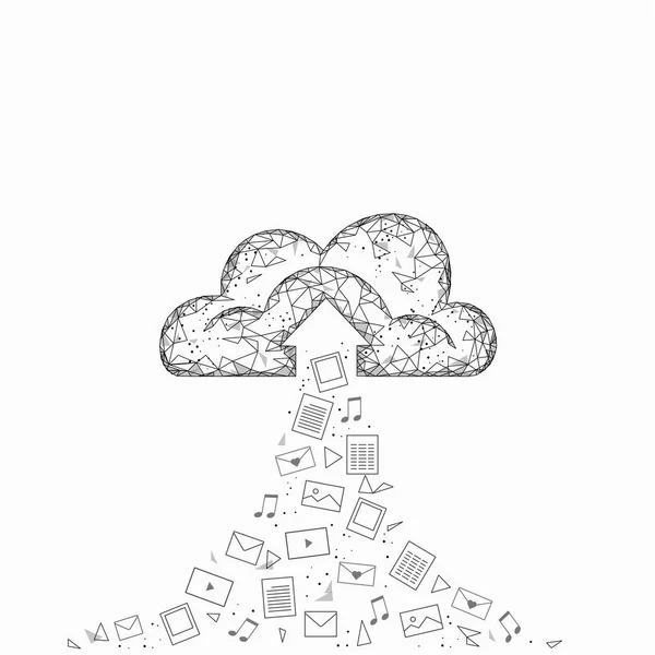 Cloudové výpočetní online úložiště nízké poly. Polygonální moderní internetové obchodní technologie budoucnosti. Ikona souboru složky exchange informací bílé šedé globální data — Stockový vektor