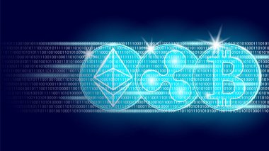 Madeni para dijital cryptocurrency işareti ikili kod numarası Ethereum Bitcoin dalgalanma. Büyük veri bilgi madencilik teknolojisi. Mavi parlak soyut web Internet elektronik ödeme vektör çizim