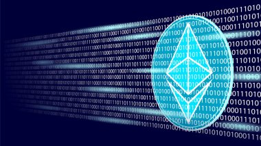 Ethereum dijital cryptocurrency işareti ikili kod numarası. Büyük veri bilgi madencilik teknolojisi. Mavi parlak soyut web Internet elektronik ödeme vektör çizim