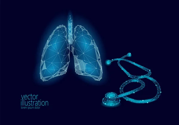 Medicina estetoscopio bajo poli pulmones atención de salud Día Mundial de la Tuberculosis. Modelo poligonal 3D ciencia médica asma doctor enfermería equipo vector ilustración — Vector de stock