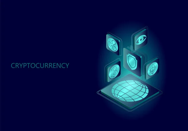 Composición isométrica azul blockchain. Plataforma plana brillante planeta Tierra signo escudo de seguridad Bitcoin Ethereum Onda criptomoneda moneda en línea global 3d pago minería digital vector ilustración — Vector de stock