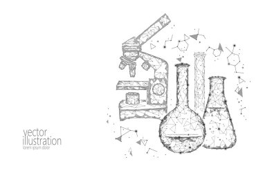 Düşük Poli bilim kimyasal cam şişeler. Büyülü ekipman mikroskop vınlamak mercek poligonal üçgen beyaz tek renkli araştırma geleceğin teknolojisi iş tıp kavramı vektör çizim