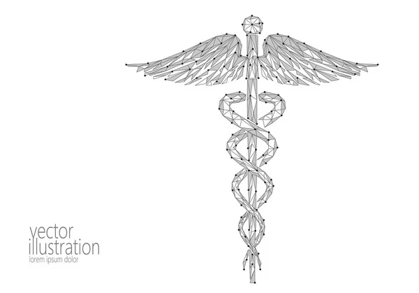 Medizinisches Caduceus Symbol Low Poly modernes Design. Innovationstechnologie Medizin Zukunft Zentrum Polygon Dreieck grau monochrom schwarz Zeichen. Schlange und Flügel abstrakte Vektorillustration weißer Hintergrund — Stockvektor