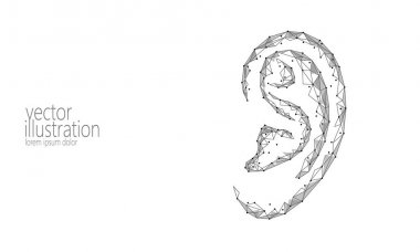 Dünya sağır işitme günü. İnsan kulağının organ düşük Poli. Poligonal üçgen noktası satır parçacık fütüristik yenilik Tıp Merkezi yardım önleme farkındalık vektör çizim poster