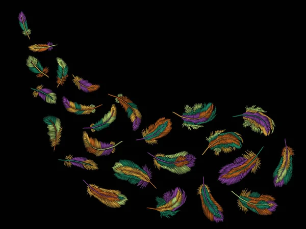 Plumas coloridas bordado patrón sin costuras. Ropa tribal boho indio pájaro clásico bordado fondo. Ilustración de vectores de diseño de plantilla de moda — Archivo Imágenes Vectoriales