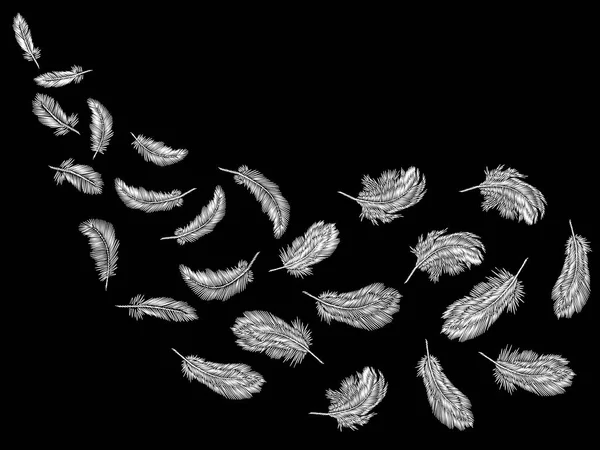 Монохромные черно-белые перья вышивка бесшовный узор. Бохо племенная одежда индийской птицы классический вышитый фон. Модная векторная иллюстрация шаблона — стоковый вектор