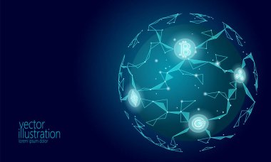 Küresel uluslararası bitcoin cryptocurrency. Gezegen alanı düşük Poli modern geleceğin teknolojisi Finans tasarım bankacılık. Çokgen polygon üçgen Ethereum dalgalanma Gcc madeni para. Web güvenlik iş vektör