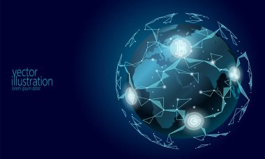 Küresel uluslararası blockchain cryptocurrency. Gezegen alanı düşük Poli modern geleceğin teknolojisi Finans tasarım bankacılık. Poligonal üçgen bitcoin ethereum dalgalanma Gcc iş vektör çizim