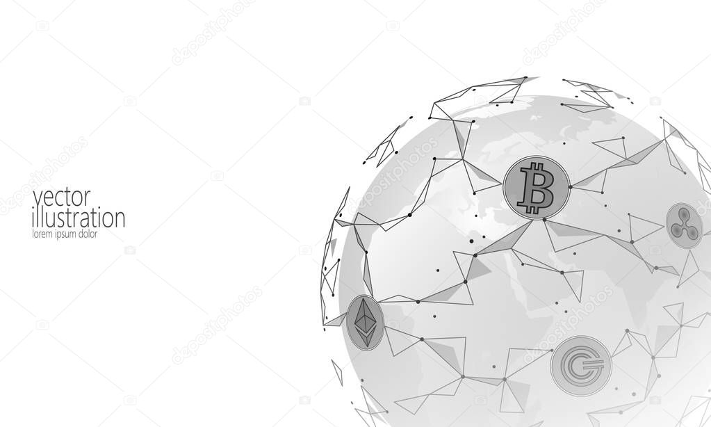 Global international blockchain cryptocurrency. Planet space low poly modern future technology finance banking design. Polygonal triangle bitcoin ethereum ripple GCC business vector illustration