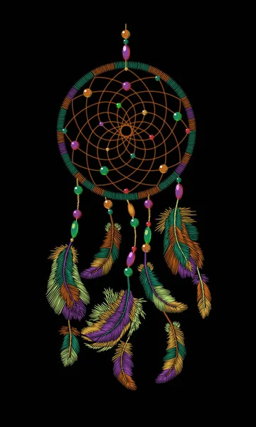 Borduurwerk boho Indiaanse Indiase dreamcatcher veren. Kleding etnische tribal mode ontwerp dream catcher. Modieuze sjabloon vectorillustratie — Stockvector