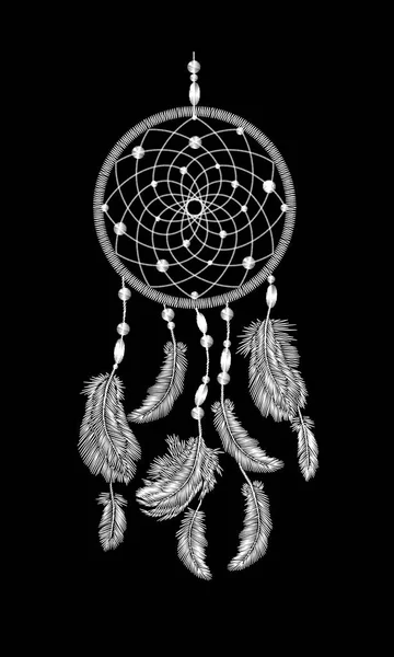 Broderi boho Indian indiska dreamcatcher fjädrar. Kläder etniska tribal mode design dream catcher. Fashionabla mall vektorillustration — Stock vektor