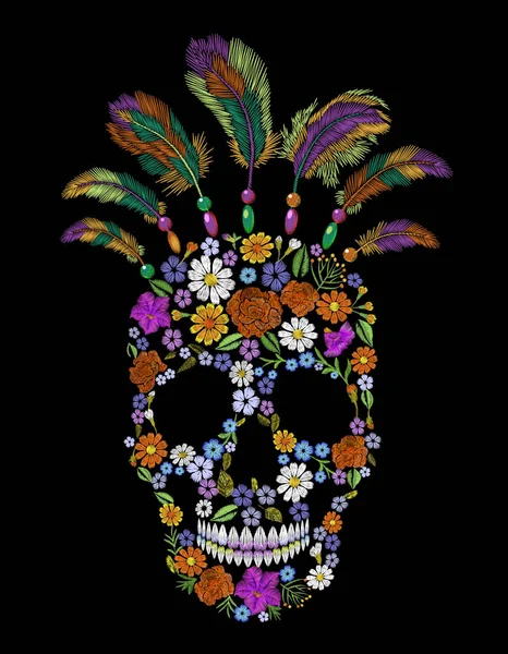 Embroidery flower skull fashion patch. Native indian mexican ornament clothes decoration. Stitched realistic texture design template colorful feathers vector illustration — Stock Vector