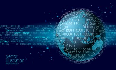 Küresel uluslararası bağlantı bilgileri veri değişimi. Gezegen alan modern geleceğin teknolojisi Finans tasarım bankacılık. İkili kod web güvenlik ödeme iş vektör çizim