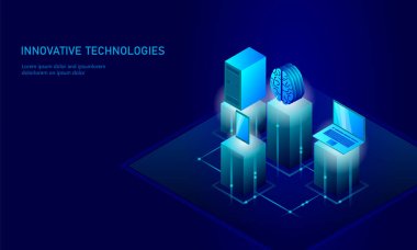 Isometric artificial intelligence business concept. Blue glowing isometric personal information data connection pc smartphone human brain future technology. 3D infographic vector illustration clipart