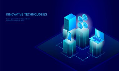 İzometrik Internet cryptocurrency para iş kavramı. PC smartphone geleceğin teknolojisi madencilik mavi parlak izometrik Bitcoin Ethereum dalgalanma Gcc para finans. 3D Infographic vektör çizim