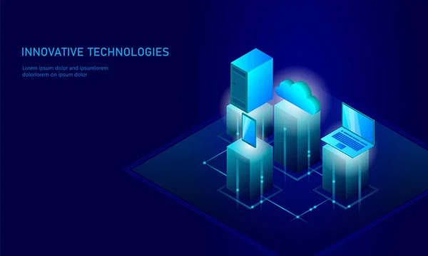 Ισομετρική ασφάλειας cloud αποθήκευσης επιχειρηματική ιδέα. Μπλε λαμπερό ισομετρική προσωπικές πληροφορίες τεχνολογία σύνδεσης δεδομένων pc smartphone μελλοντικά. 3D γράφημα εικονογράφηση διάνυσμα — Διανυσματικό Αρχείο