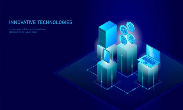 Internet isometrico criptovaluta moneta concetto di business. Blu incandescente isometrico Bitcoin Ethereum Ondulazione GCC moneta finanziamento minerario pc smartphone tecnologia futura. Illustrazione vettoriale infografica 3D — Vettoriale Stock