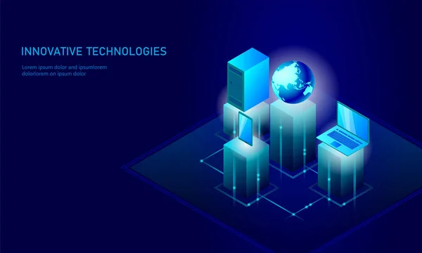 Isométrica red global planeta Tierra concepto de negocio. Azul brillante información personal isométrica conexión de datos pc teléfono inteligente tecnología futura. Ilustración vectorial de infografía 3D — Archivo Imágenes Vectoriales