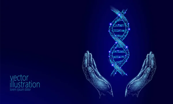 DNA 3d χημικό μόριο δομή χέρια πολυ χαμηλό. Πολυγωνικό τρίγωνο σημείο γραμμή υγιούς κυττάρου μέρος. Μικροσκοπική επιστήμη μπλε γονιδιώματος ιατρική τεχνολογία μελλοντική επιχειρηματική εικονογράφηση διάνυσμα — Διανυσματικό Αρχείο