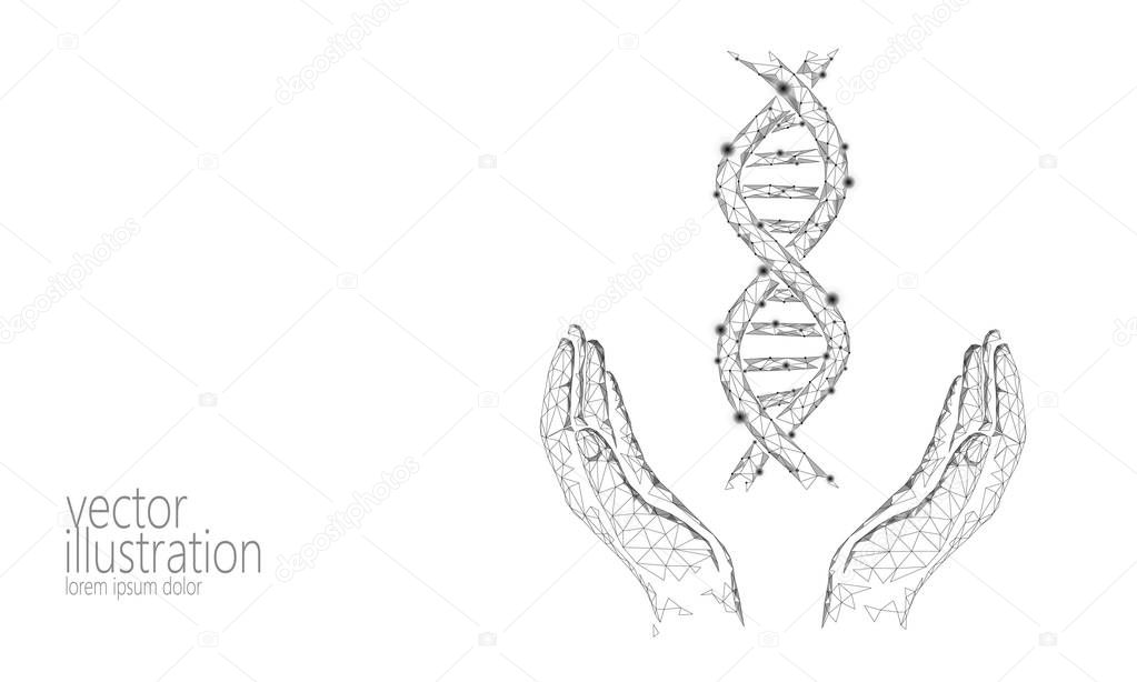 DNA 3D chemical molecule structure hands low poly. Polygonal triangle point line healthy cell part. Microscopic science white medicine genome engineering vector illustration future business technology