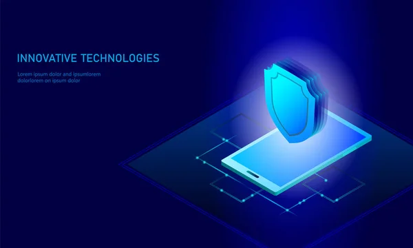 Izometryczny internet security shield koncepcja biznesowa. Niebieskie świecące izometryczny osobowych danych połączenia pc przyszłych technologii smartfonów. 3D ilustracja wektora infographic — Wektor stockowy