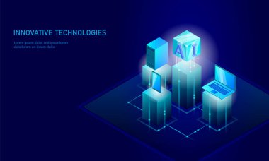 Isometric artificial intelligence business concept. Blue glowing isometric personal information data connection pc smartphone future technology. 3D infographic vector illustration clipart